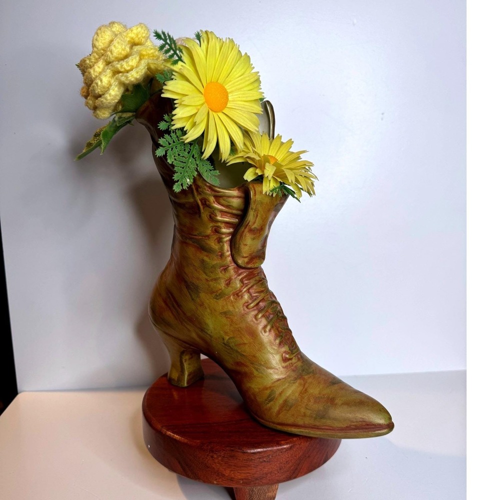 Vintage Hand Painted Ceramic Victorian Boot Vase Cottagecore Floral Decor